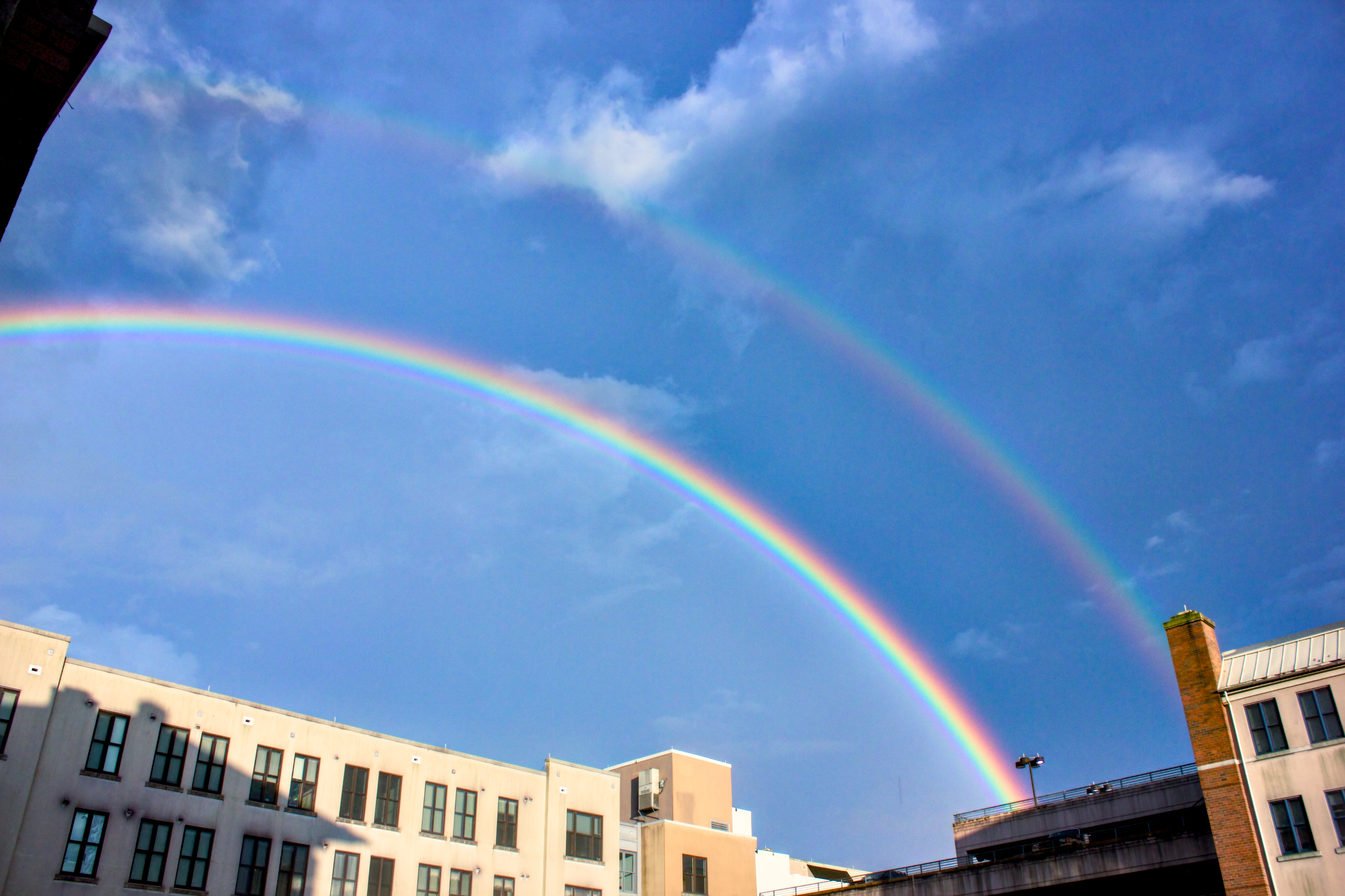 Wide angle shot of double rainbow showing supernumerary bands below main rainbow and dark Alexander's band between first and second rainbow.